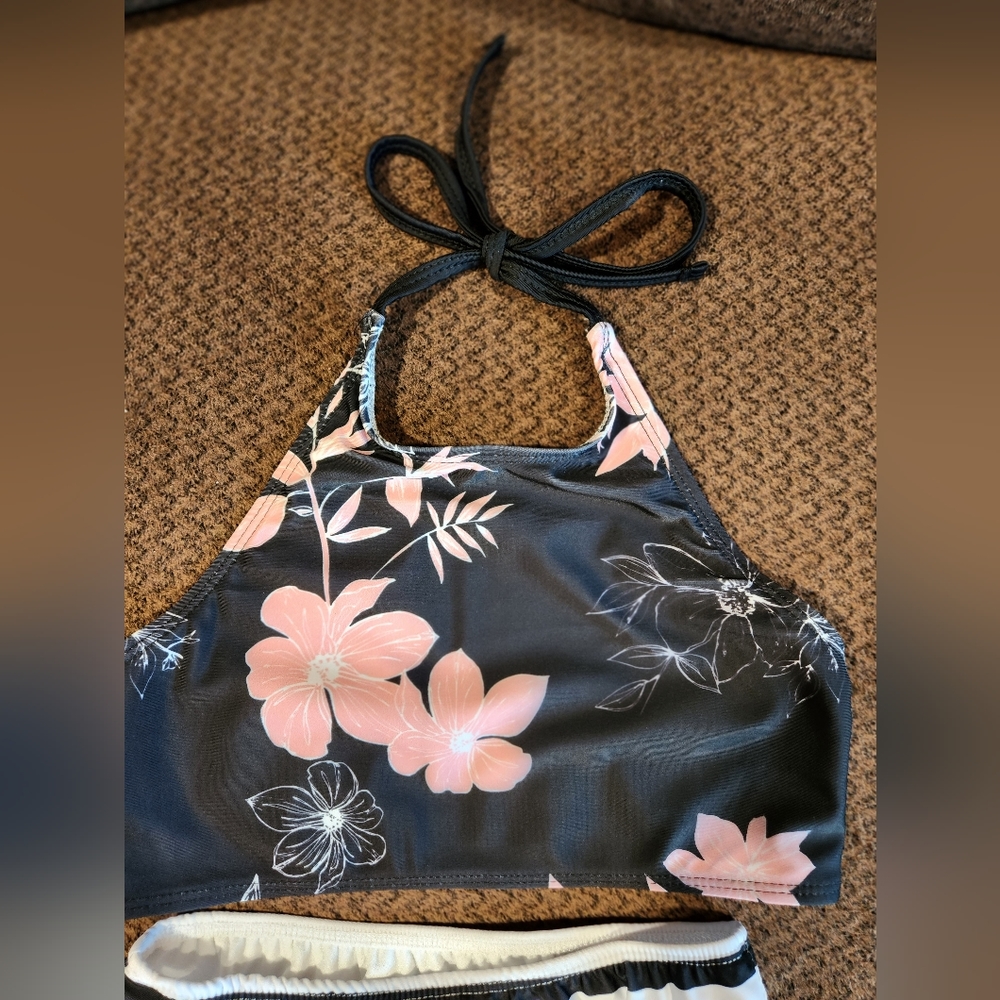 Pixie Girl Girl's Halter Bikini Black & Pink Floral & Stripe Size 10/12 NWT - Picture 3 of 5